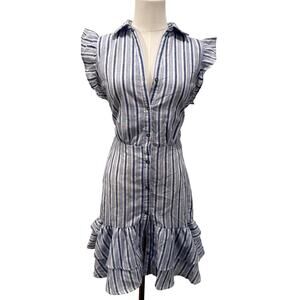 Blue White Striped Ruffle Hem Button Front Midi Dress Cotton Chic Coastal Preppy